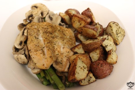 Baked Salmon over Asparagus & Mushrooms with Roasted Potatoes